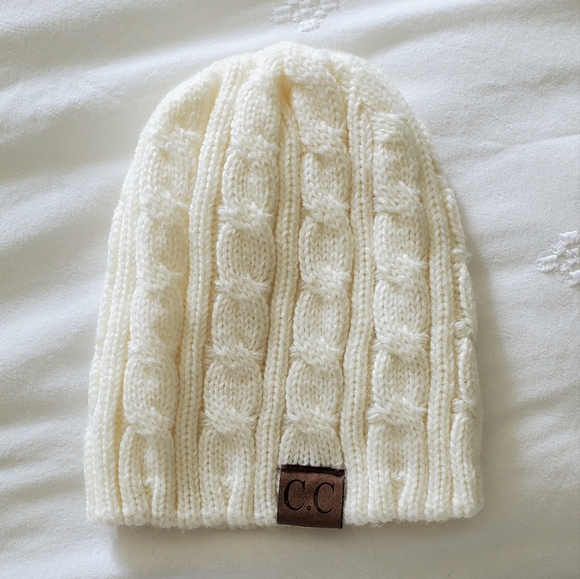 CHANEL Accessories - CC ivory cable knit beanie hat